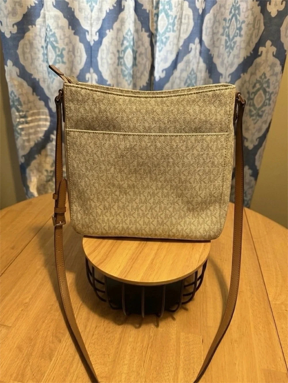 Michael Kors Beige Monogram Crossbody with Tan Strap